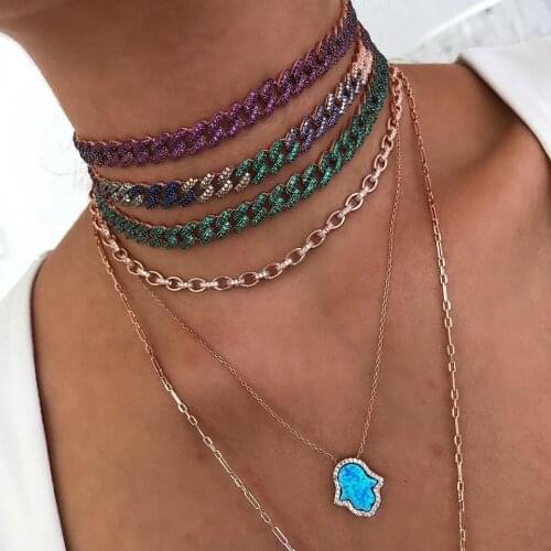 Adjusted size Rainbow colorful cubic zirconia cz Miami cuban link chain choker necklace gold rose gold Rock HIP HOP collar chain