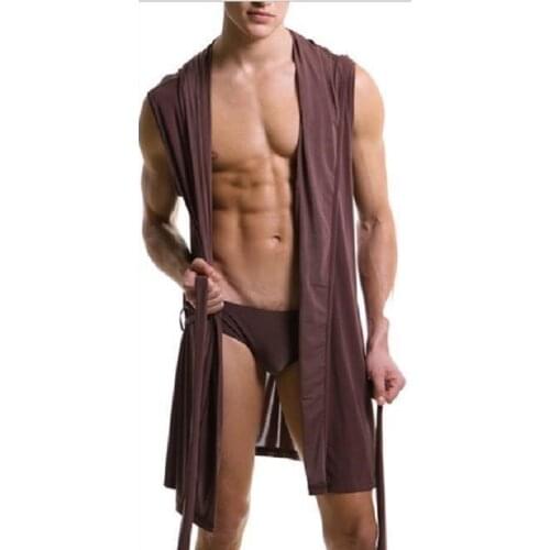 Mens Pajamas Dressing Gown Home Wear Sexy Ick Ultra-Thin Sleeveless Pajamas Comfortable Breathable Hooded Nightgown Bathrobe