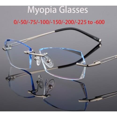Myopia Glasses Men -75/100/150/200/250/300/400/500/600 Minus Gradient Blue Tint Lens Rimless Man Optic Lens