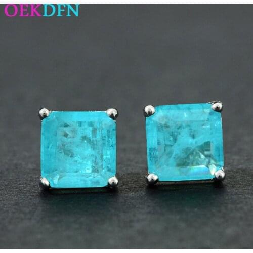 OEKDFN Paraiba Tourmaline S925 Sterling Silver Stud Earrings For Women Sparkling AAA Zircon Gemstone Party Wedding Fine Jewelry