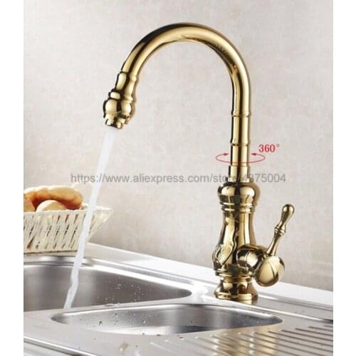 Polished Gold Color single handle single hole kitchen tap 360 degree rotation spout cold and hot water mixer Tap Nsf068