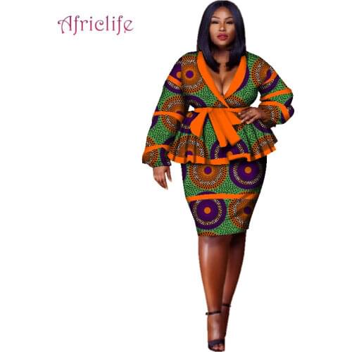 Plus Size Top and Straight Skirt Sets African Wax Print 2 Pieces Skirt Set for Women Bazin Riche African Style Clothing WY2858