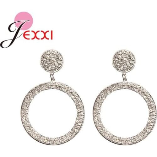 100% Real 925 Sterling Silver Round Shape Full Of Crystal Drop Earrings Fashion Clear CZ Dangle Ear For Women Fine Jewelry