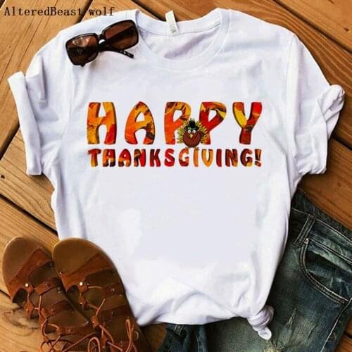 HAPPY THANKSGIVING t shirt femme women thanksgiving tshirt short sleeve letter print white Tops women christmas T shirt clothes