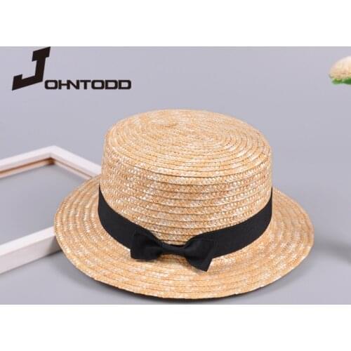2021 Summer Adult Children Bowknot Sun Hat Girls Straw Cap Kids Large Brim Beach Summer Ribbon Woman Round Flat Top Cute Child