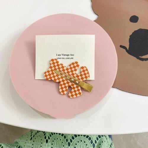 Cute Candy-color Grid Bear Shape Hair Clips Vintage Mosaic Plaid Geometric Hairpins for Women Girls Bb Clip Hair Accessories