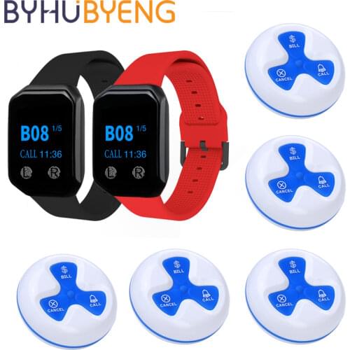 BYHUBYENG Restaurant Pager Waiter Calling System 2Pcs Watch Receiver 5pcs Call Buttons Wireless Call Office Bar Pager