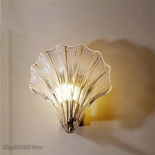 Nordic Modern Crystal Glass Shell Wall Light Copper Retro Wall Lamp Living Room Background Bedroom Lamp Indoor Lighting Fixtures