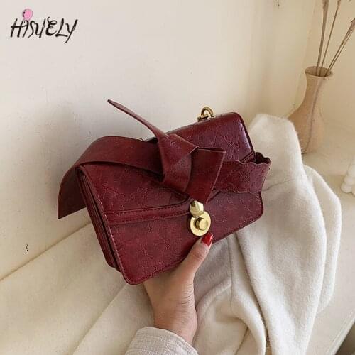 HISUELY Vintage Diamond Lattice Women PU Leather Handbag Bow Designer Ladies Messenger Shoulder Bag Soft Crossbody Bag Q3 2021