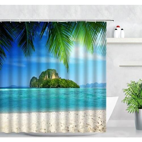Ocean Beach Island Waterproof Fabric Shower Curtains Bath Screens Tropical Plant Palm Leaf Hawaii Scenery Bathroom Decor Curtain