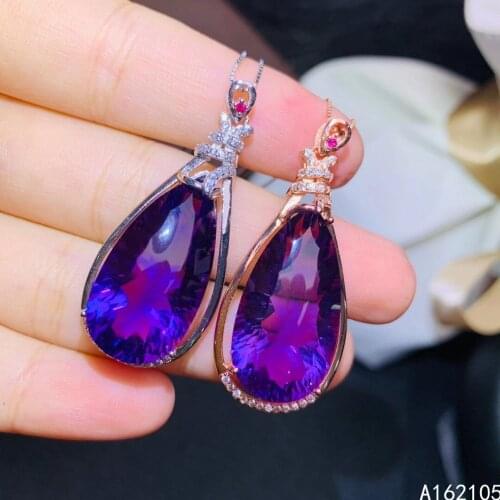 Fine Jewelry 925 Pure Silver Inlaid Natural Amethyst Girl Luxury Classic Water Drop Chinese Style Large Gem Pendant Necklace Sup