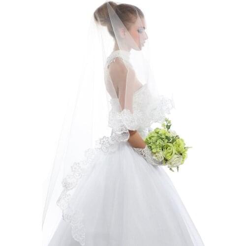 Womens White Long Tulle Wedding Veils With Lace Edge One Layer 2M 3M 5M Bridal Veil Cheap Bride Accessories Voile de mariage