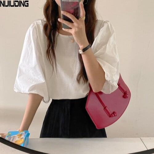 French Puff Sleeve O-neck Blouses Women Pure White Loose Shirts Female Casual Short Sleeve Cotton Patchwork Blusas Pullover Tops