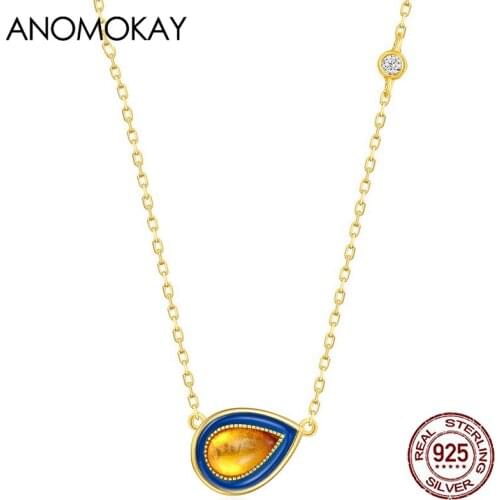 Anomokay Classic Amber Water Drop Dangle Gold Color Necklace for Women Girl Gift Real Sterling 925 Silver Chain Link Necklaces