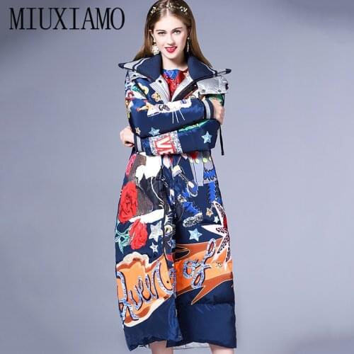 High quality 2020 new Temperament Fashion Loose parka Print Vintage X-Long women down winter coat Warm Jacket Female Overcoat