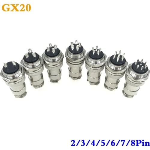 1set GX20 Circular Silver Aviation Socket Plug 2/3/4/5/6/7/8 Pin Wire Terminal Male + Female 20mm Panel Connector Free Shipping