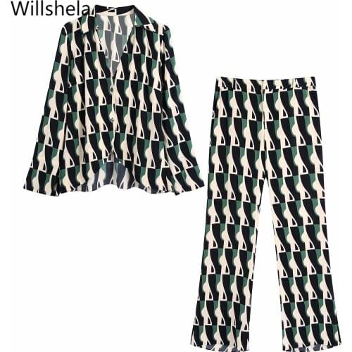 2021 Two Piece Set Women Fashion Long Sleeves Printed Shirt Vintage Elastic Waist Trousers Casual Woman Outfit Pants Sets