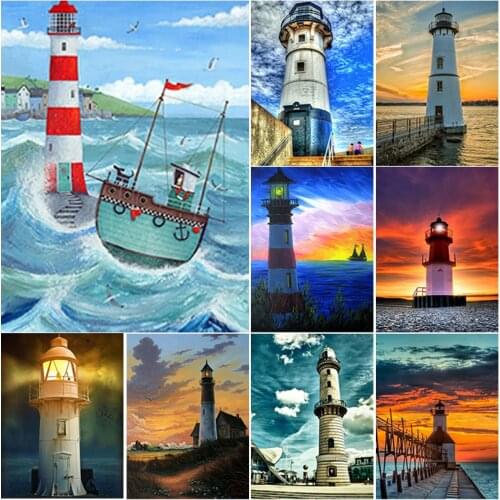 New 5D DIY Diamond Painting Sea View Cross Stitch Lighthouse Diamond Embroidery Full Square Round Drill Crafts Home Decor Gift