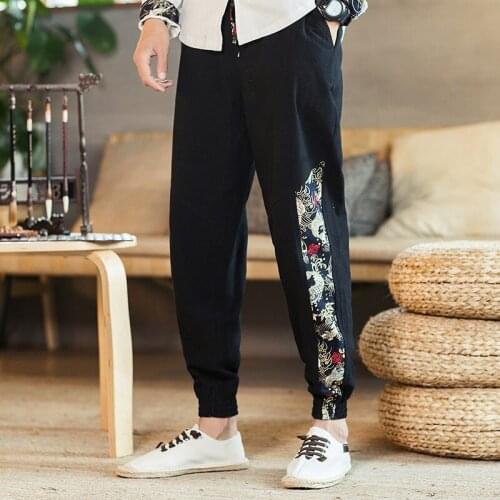 Men Casual Chinese Style Pants Patchwork Loose Trousers New Summer Japanese Elastic Waist Cotton Harem Pants Streetwear KK3327