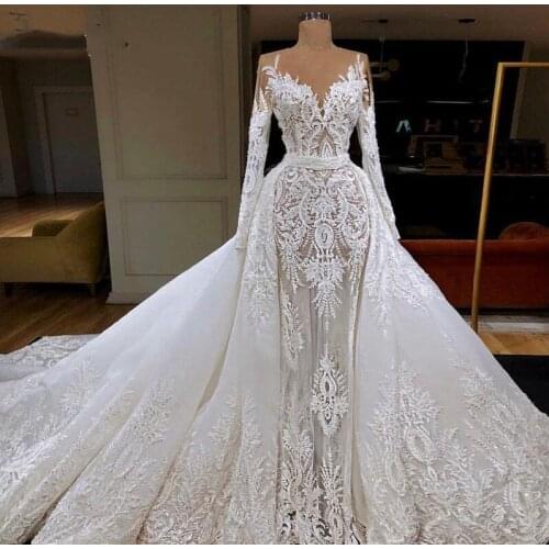 Designer Arabic Wedding Dresses With Detachable Train Saudi Dubai Appliqued Lace Mermaid Mariage Bridal Gowns African Vestido