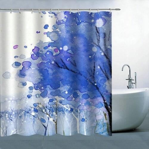 Creative Trees Decoration Shower Curtain Blue Watercolor Spring Life Tree Multi-functional Waterproof Antibacterial Polyester
