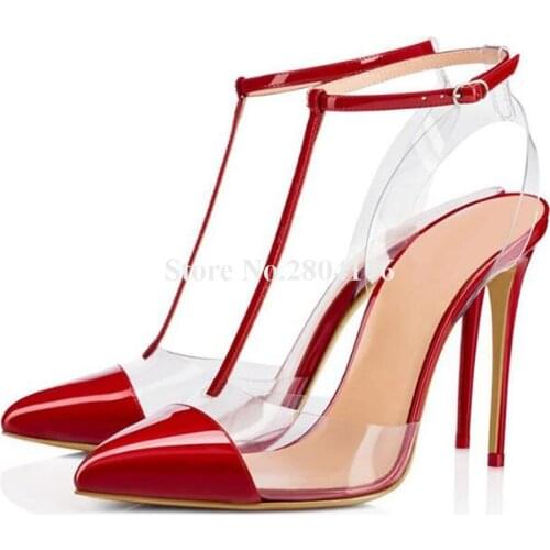 Hot Selling Women Fashion Pointed Toe PVC Stiletto Heel Pumps Black Red Nude Transparent Ankle Strap High Heels Dress Shoes