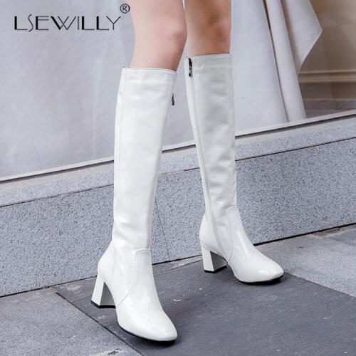 Lsewilly Pattent leather knee high boots for women 6cm block heels red white black lady winter leather shoes botte femme 45
