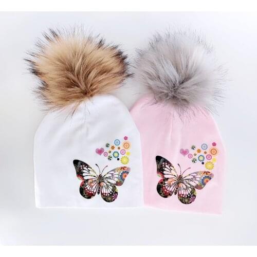 Fashion cartoon butterfly sweat heart floral toddlers infant bonnet baby pompom hat for girls cap for baby kid childen beanie