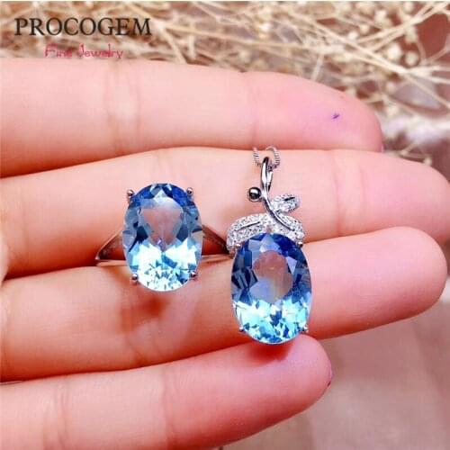 Trendy Natural Blue Topaz Jewelry sets for Women Party Anniversary Necklace Ring 8.8Ctx2Pcs Real gemstones 925 Solid Silver #616