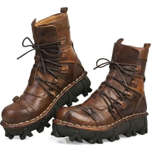 Mens Cowhide Genuine Leather Work Boots Military Combat Boots Gothic Skull Punk Motorcycle Martin Boots
