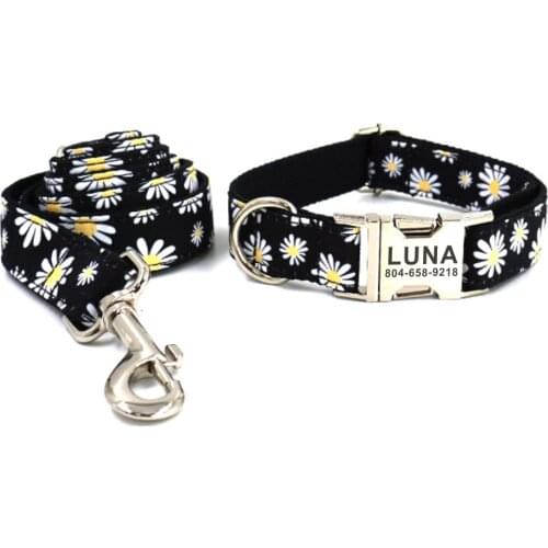 Personalized Pet Collar Custom Puppy Nameplate ID Tag Adjustable Buckle Strong Black Daisy Flower Basic Collars Lead Leash Set