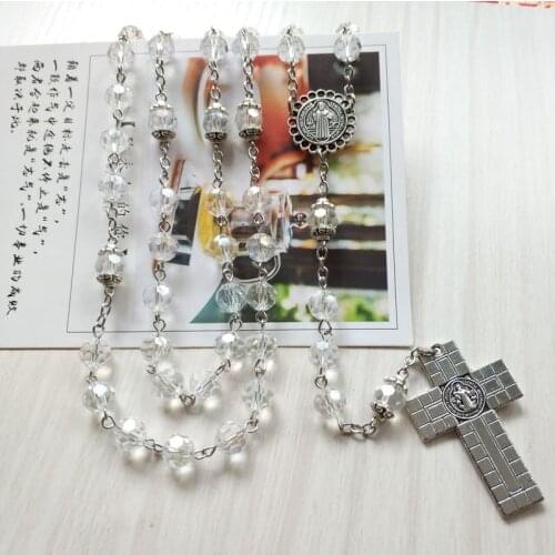 QIGO Vintage Saint Benedict Big Cross Rosary Neckalce White Crystal Strand Necklace For Men Women Religious Jewelry