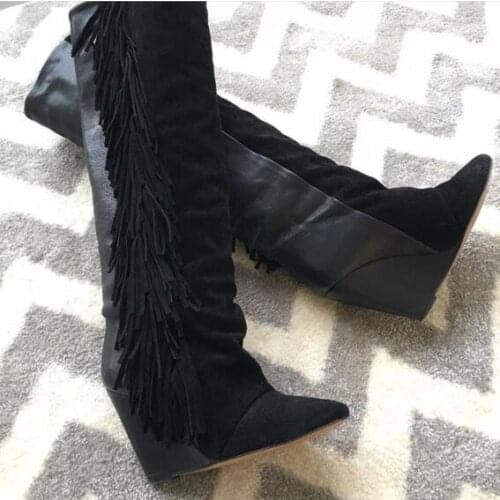 2018 Spring New Fashion Suede Leather Patchwork Women Knee High Boots Sexy Pointy Toe Ladies Wedge Heel Boots Fringe Boots