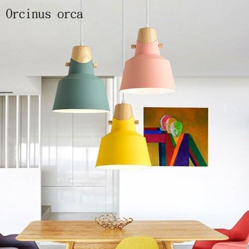 Nordic modern simple single head solid wood chandelier Restaurant Bar bedroom creative color iron pendant lamp free shipping