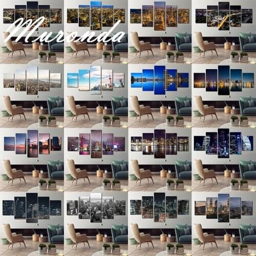 Cuadros Decoration Modern Poster 5 Pieces Black And White City Night View Canvas Painting Wall Art Pictures For Living Room