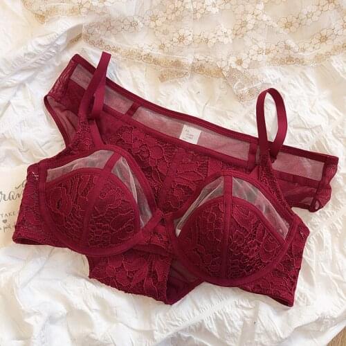 Light luxury semi-permeable mesh bra set with big breasts and thin soft steel ring lingerie sexy half-cup see-through bralette