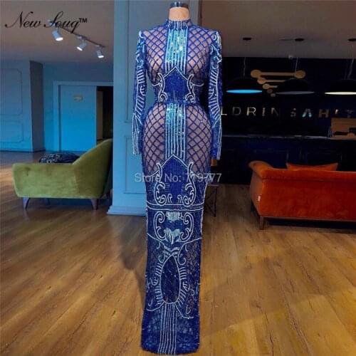 Illusion Royal Blue Evening Dress 2019 Couture Saudi Arabic African Women Party Gowns Robe De Soiree Muslim Dubai Abaya Dresses