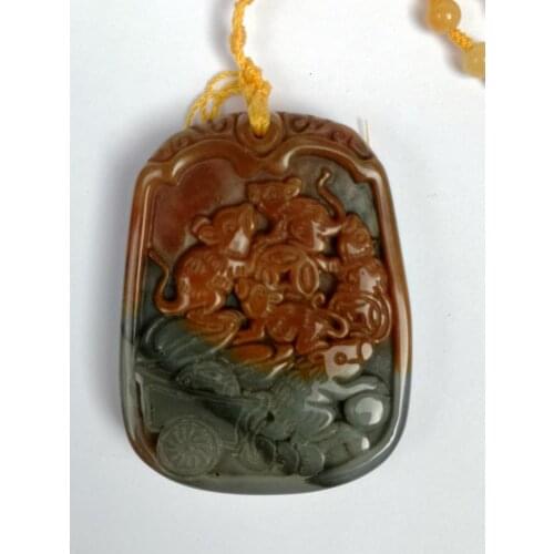 YIZHU CULTUER ART 100% Natural Hand-carved Chinese Jade Necklace Pendant Auspicious Mouse pull a cart Coin Trinket Gift