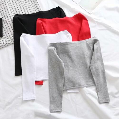 Summer new style street solid color shoulder long-sleeved T-shirt women, sexy and thin short stretch t-shirt women