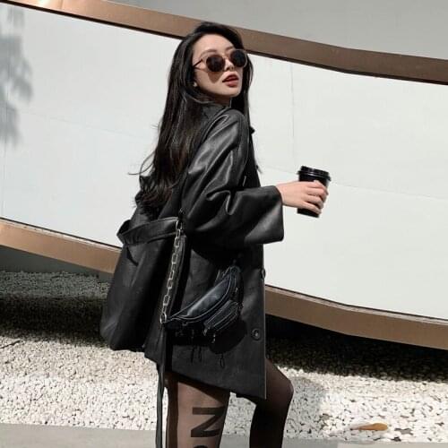 2020 Winter PU Windbreaker Cotton Coat Double-breasted Mid-length PU Leather Jacket Women Autumn Loose PU Leather Jacket b594