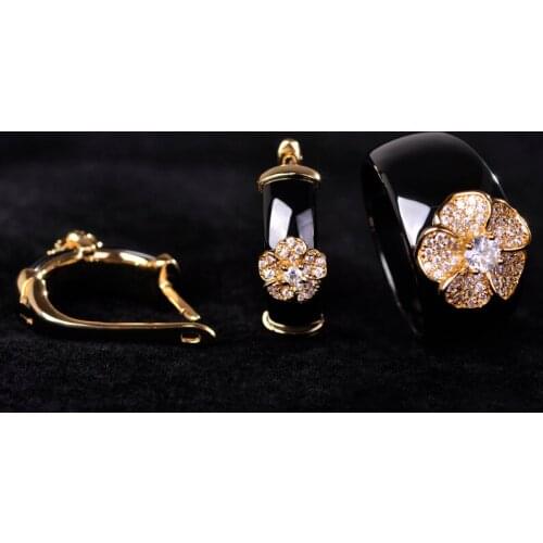 Blucome Bridal Jewelry Sets Black Ceramic Zircon Flower Wide Rings Copper Rhinestones Stud Earrings Ring Set Women With Gift Box