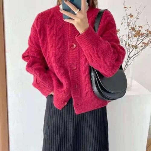 Women Short Cardigan Twist Knitted Sweater Autumn Winter Long Sleeve O-neck Casual Coat Thick 2021 Fashion Solid Color Cardigans