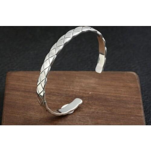 Solid 925 sterling Silver women rhombus gridding cuff bracelet bangle A4872