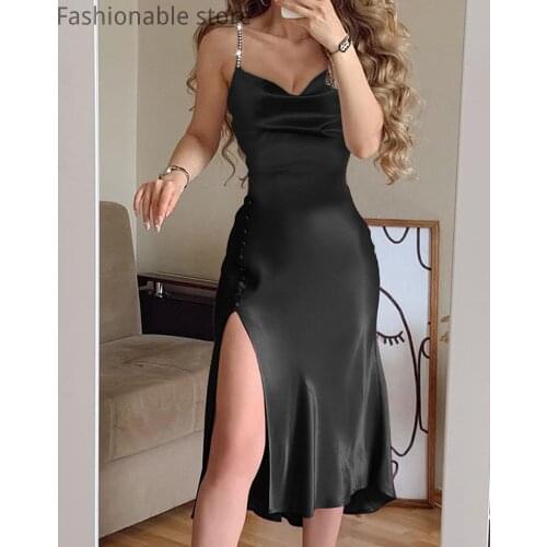 Women Glitter Studded Strap High Slit Dress