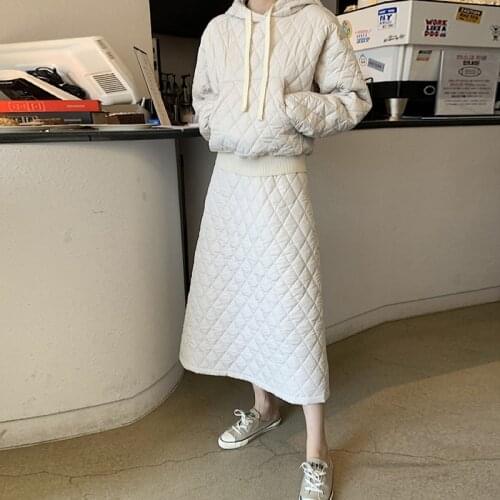 Loose Retro Diamond Cotton Dress Women A-Line Skirts Winter New Chic Hooded Pullover Parkas + Skirt Suit Street Sets