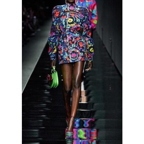 High 11.18 Vintage Fashion End Stand Collar Hollow Out Design Floral Print Slim Temperament Mini Dress Women