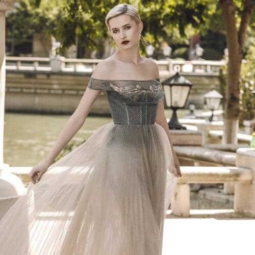 Ombre Color Beaded Evening Dress Tulle Party dress with Sweep Train A-line Long dress off-the shoulder evening gown