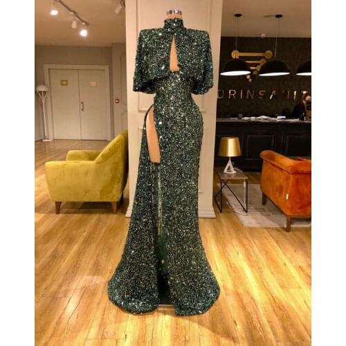 Two Pieces Green Sequins African Party Prom Dress 2021 Plus Size Formal Vestido De Festa Longo Black Girl Evening Gowns Robe