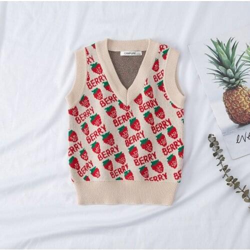 Autumn Winter Toddler Baby Vest Boys Casual V Neck Knitted Vest Strawberry Jacquard Sleeveless Jacket for Girls Kids Waistcoat