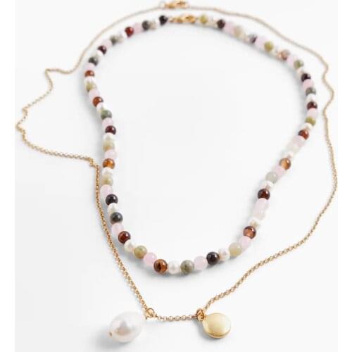 Bohemia PACK of 2 Pieces 2021 Natural Stone Beaded Necklace Handmade Stainless Steel Chain Real Pearl Pendant Necklace for Women